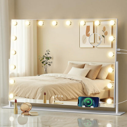 SONGMICS Schminkspiegel mit Beleuchtung, 18 LED, 80 x 60 cm, weiss, rechteckige Form und matter Stahlsockel