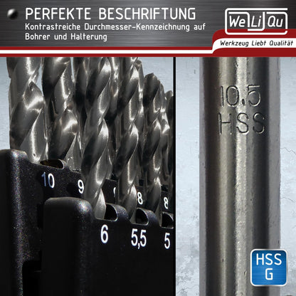 WELIQU Metallbohrer-Set HSS-G M2 Spiralbohrer, 25-teilig, 1-13 mm