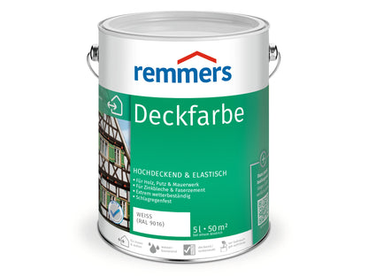 Remmers Deckfarbe Weiss RAL 9016 Wetterschutzfarbe 5 Liter, Gebinde für innen und aussen