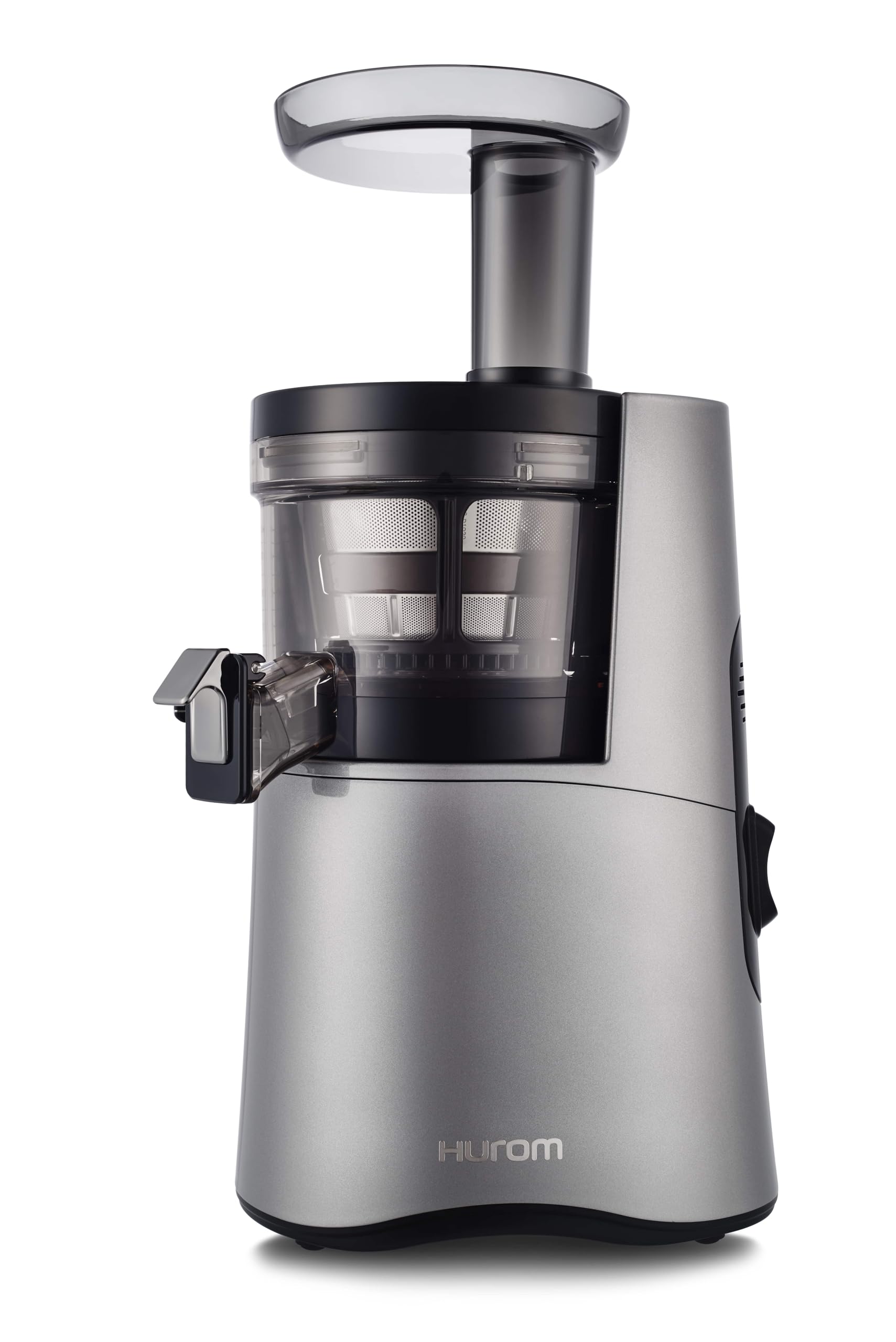 HUROM H-AA Slow Juicer Kaltpressentsafter – Dunkelsilber, vertikales Gerät. Entsaftet Obst & Gemüse schonend.