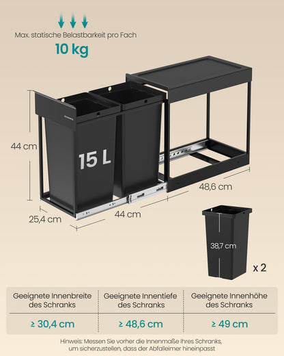 SONGMICS Mülleimer Küche, ausziehbar, 2 x 15 L, Unterschrank