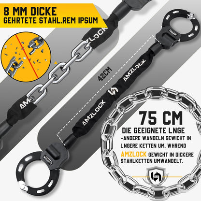 AMZLOCK E-Scooter Schloss AMZ001, 8 mm Kettenschloss, 75 cm