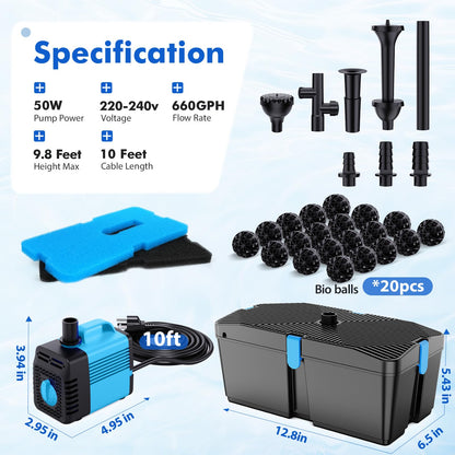FEOXSHAL Teichfilter Set mit Pumpe 50W 2500 l/h und Springbrunnen