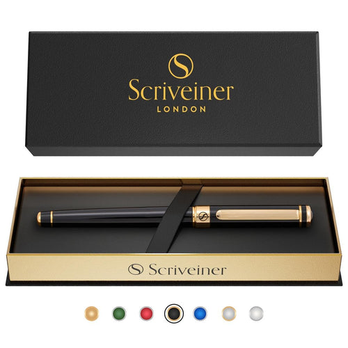 Scriveiner Tintenroller schwarz mit Echtvergoldung und Schmidt-Mine, Korpus aus lackiertem Messing
