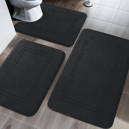 chakme Badezimmerteppich Set 3-teilig, Memory-Schaum, schwarz mit U-förmigem WC-Vorleger