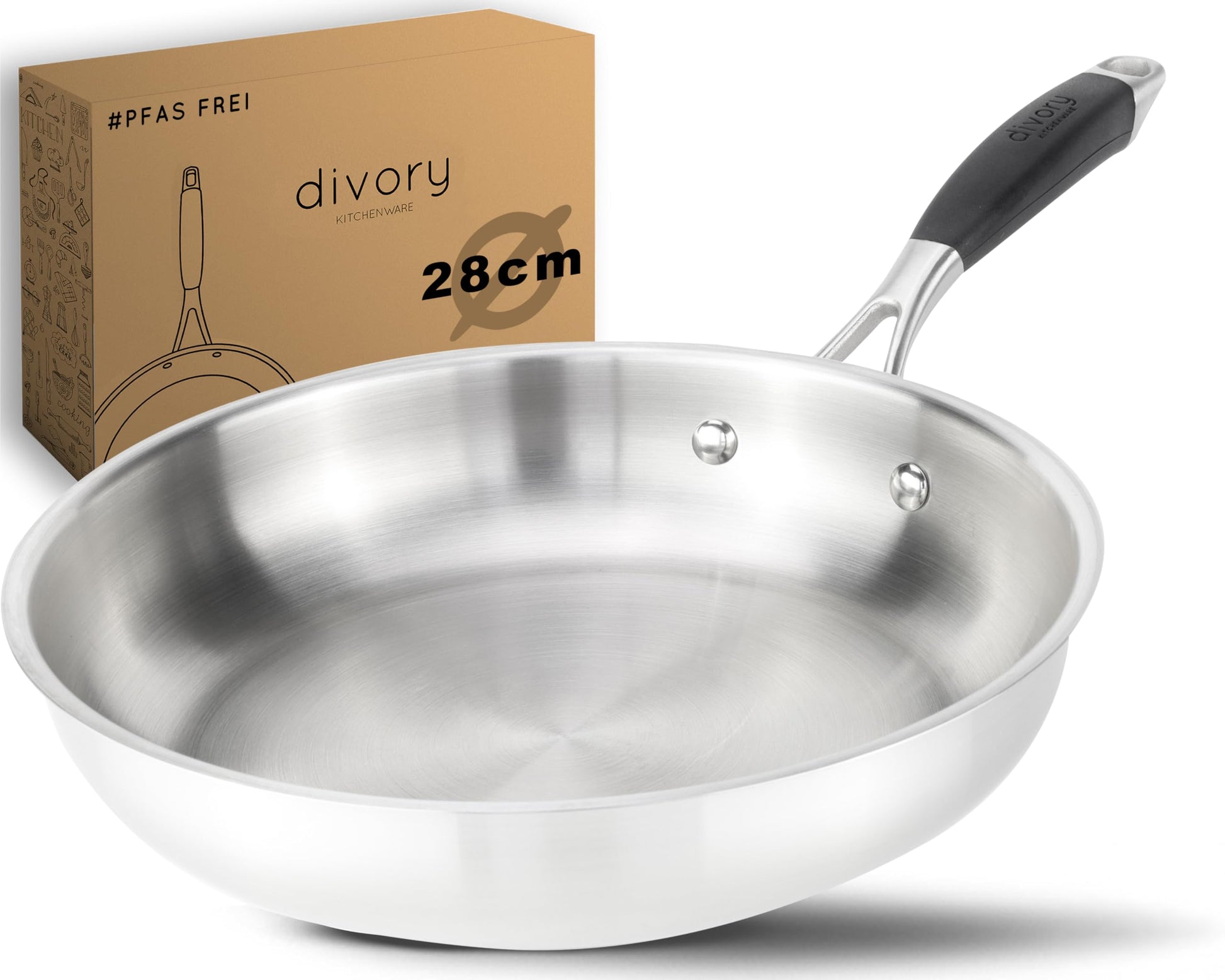 DIVORY PURA Edelstahl-Bratpfanne 28cm – unbeschichtet Induktion. Runde, silberne Edelstahlpfanne zum Braten auf allen Herdarten, auch Induktion.