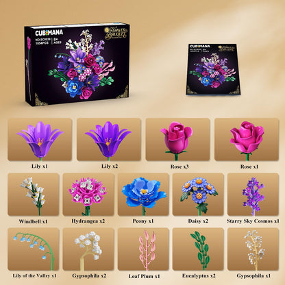 CUBIMANA Blumenstrauss Klemmbausteine mit LED-Licht, 21 Blumen, lila