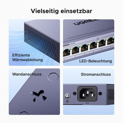 UGREEN 10-Port Gigabit PoE Switch, 8 PoE-Ports, 60W, Metallgehäuse