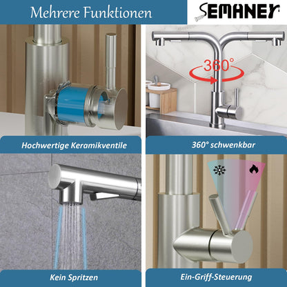 SEMANEY Küchenarmatur ausziehbar, 360° schwenkbar, Edelstahl gebürstet
