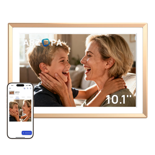 ARZOPA D10 Digitaler Bilderrahmen 10,1 Zoll WLAN Touchscreen Gold – Metallrahmen mit blendfreiem Display
