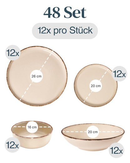 Pure Living Rustic Steingut Geschirrset - 12 Pers. 48 tlg. Beige