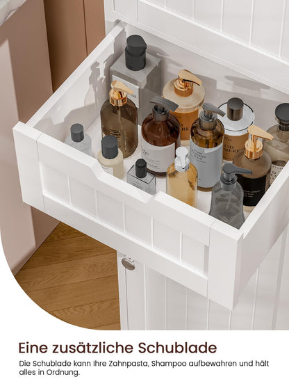 TEENFON Badezimmerschrank schmal mit 2 Türen und Schublade, weiss