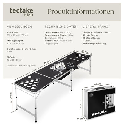 tectake Bierpong Tisch klappbar mit Eisfach, 100 Becher und 6 Bälle