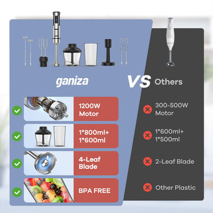 Ganiza 10-in-1 Stabmixer 1200W mit Doppel-Milchaufschäumer