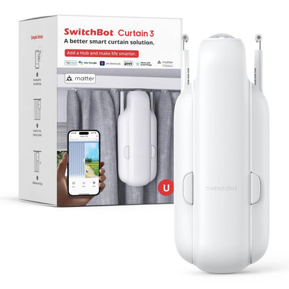 SwitchBot Vorhangöffner Curtain 3 - U Rail. Weißer, quaderförmiger Vorhangmotor für U-Profil Schienen. Automatisiert das Öffnen und Schließen von Vorhängen an U-Schienen.
