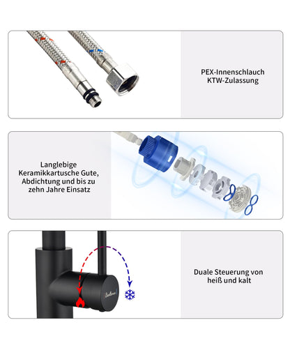 Baollansa Küchenarmatur BJQ2006 ausziehbar, 3 Strahlarten, schwarz