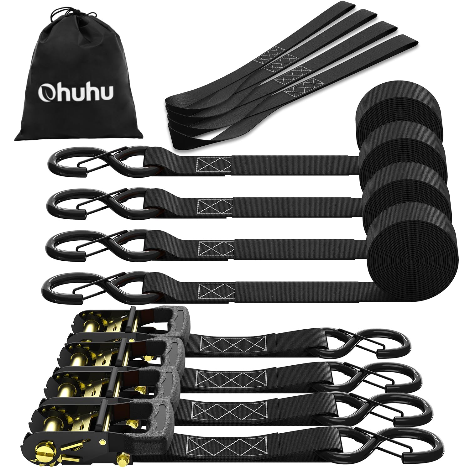 Ohuhu Spanngurte mit Ratsche, 4er-Set, 4,6 m, 1500 kg Bruchlast, schwarz, gummierte S-Haken