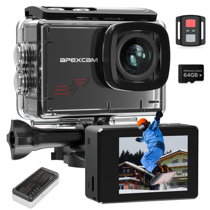 Apexcam M80 Action Cam 4K 60fps 48MP WLAN mit 64GB Karte und Zubehör, inklusive Schutzgehäuse und Fernbedienung