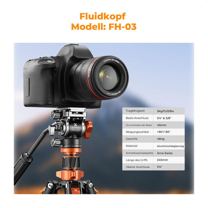 K&F CONCEPT Videostativ K234A7+FH-03 mit Fluidkopf, Aluminium, 200 cm