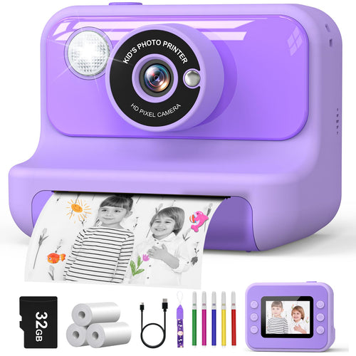 Hangrui H3 Kinderkamera Sofortbildkamera 1080P mit 32-GB-Karte, Lila
