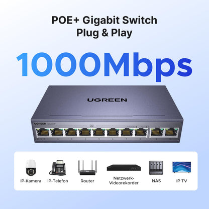UGREEN 10-Port Gigabit PoE Switch, 8 PoE-Ports, 60W, Metallgehäuse