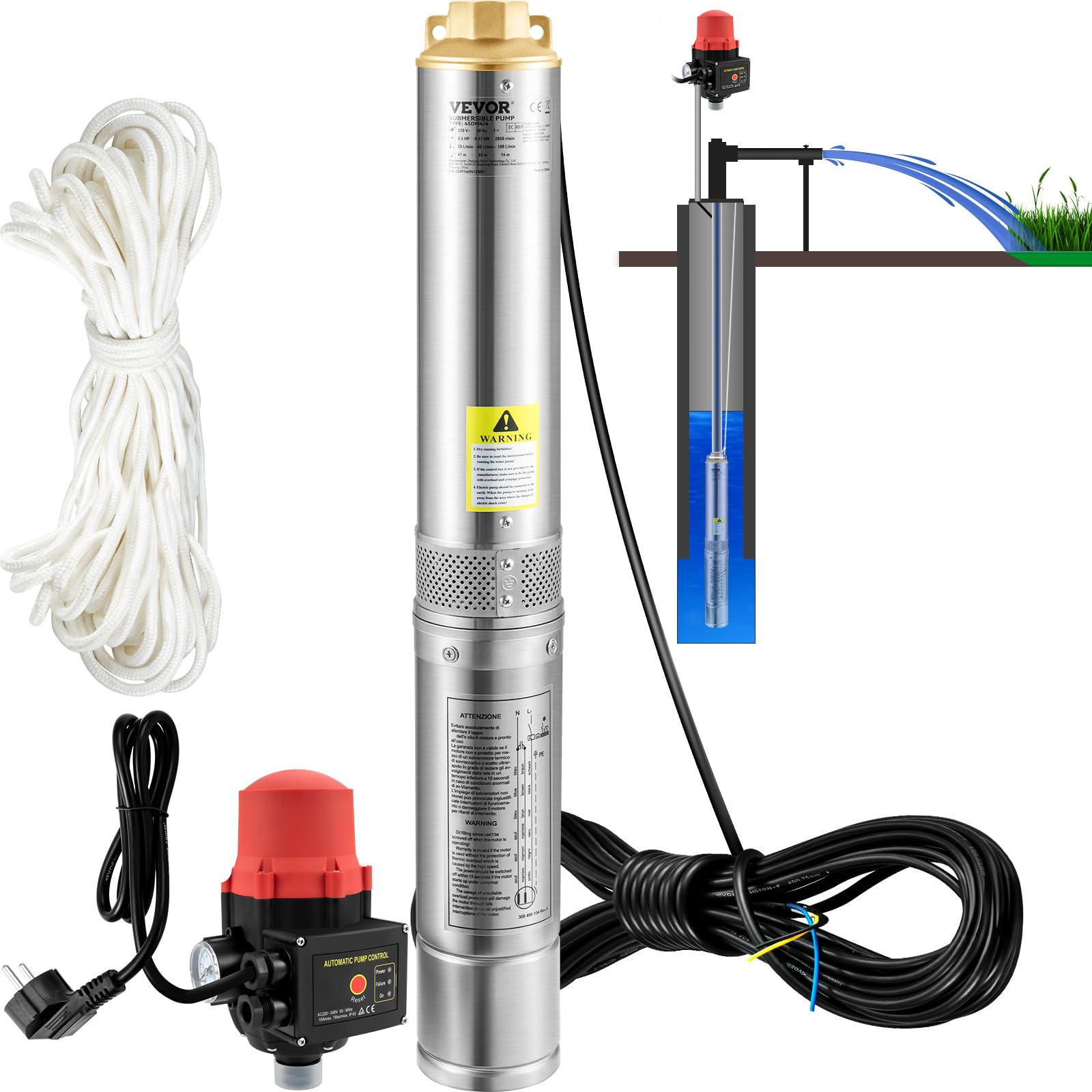 VEVOR Tiefbrunnenpumpe 750 W Tauchpumpe 105 L/min Förderhöhe 62 m, Edelstahlgehäuse zur Wasserförderung aus Brunnen