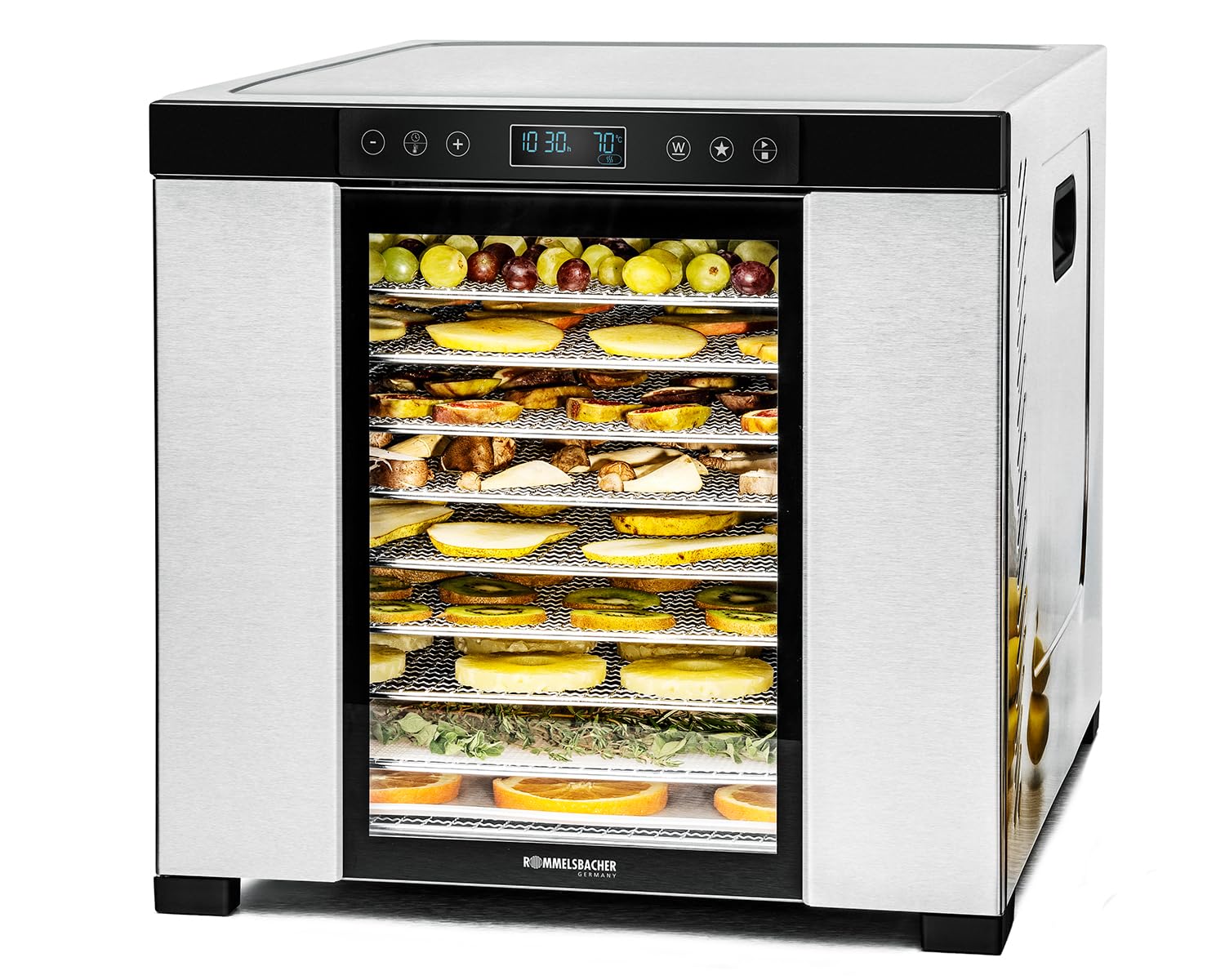 ROMMELSBACHER Dörrautomat DA 1050. Rechteckig, Edelstahl. 10 Edelstahl-Dörrtabletts. Trocknet Obst, Gemüse & Kräuter; mit Warmhaltefunktion.