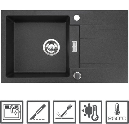 Manestein Granit Spülbecken Küchenspüle - Einzelbecken Graphit 76x44cm