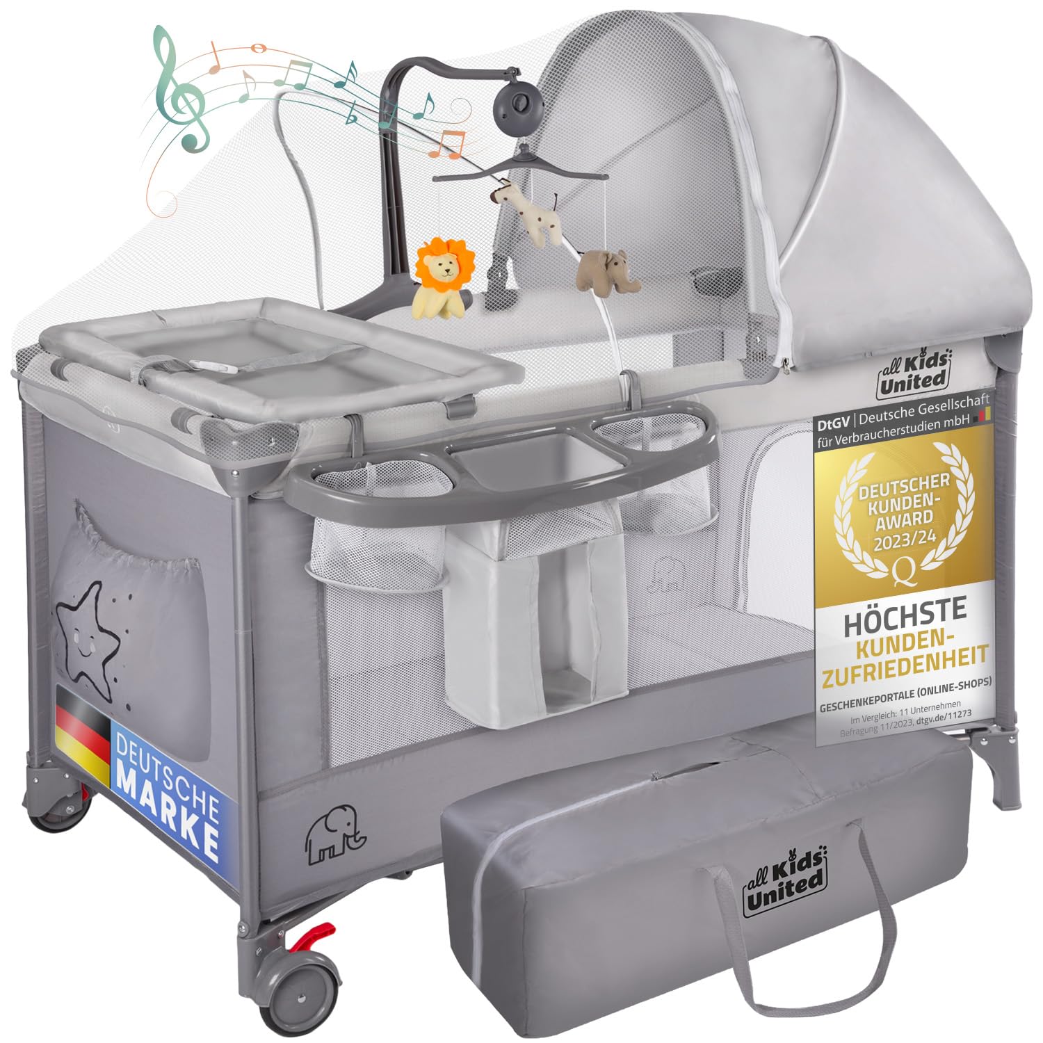 all Kids United® Babycenter Kinderreisebett mit Wickelauflage - Grau. Rechteckiges Reisebett, dient als mobiler Schlafplatz und Wickelstation für Babys.