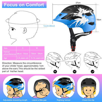 RaMokey Kinder Fahrradhelm mit LED-Rücklicht, 50-56 cm, Schwarz-Blau