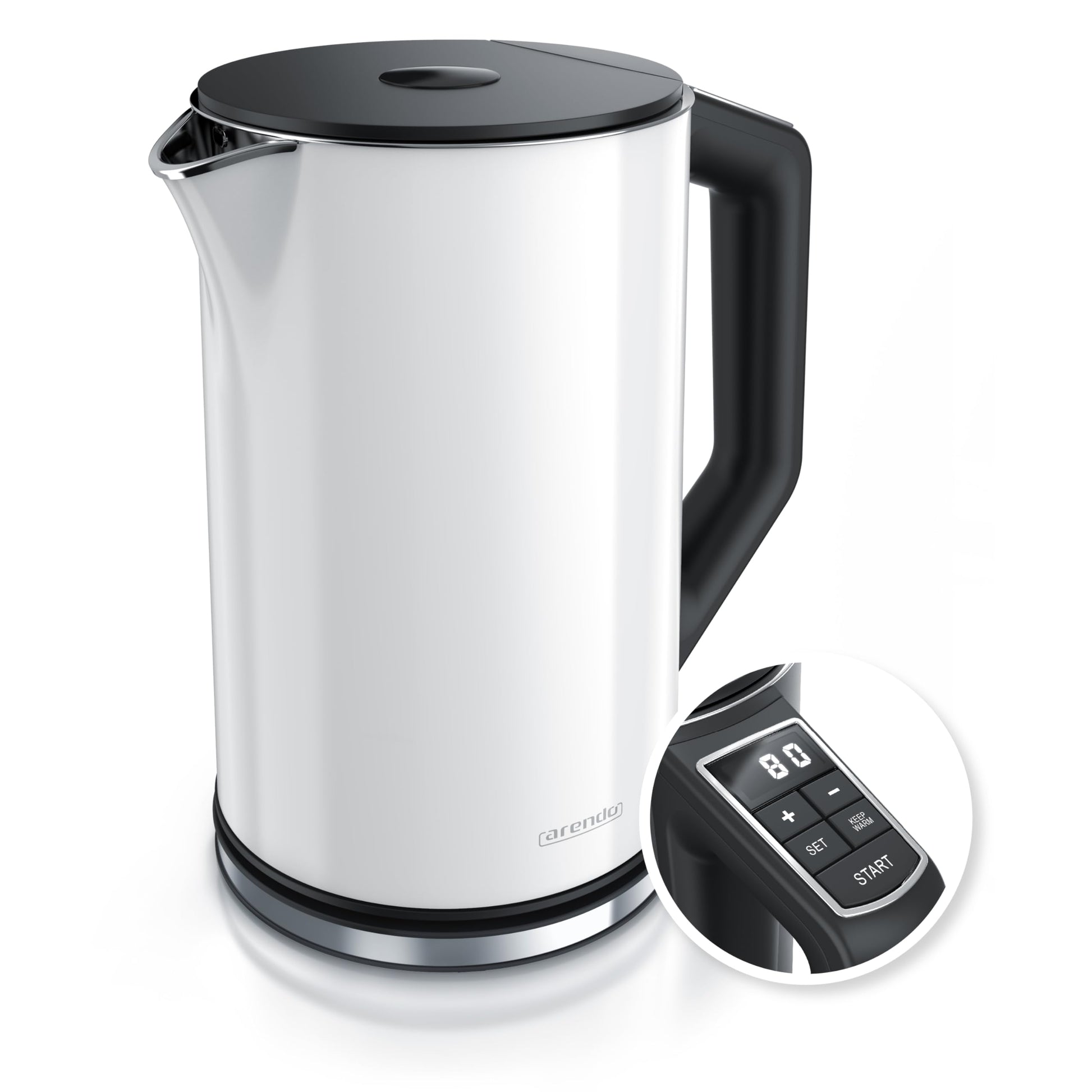Arendo ELEGANT Wasserkocher - Edelstahl 1.5L Temperatur Weiss. Zylindrischer 1.5L Edelstahl-Wasserkocher in Weiß. Erhitzt Wasser präzise für Heißgetränke.