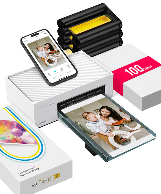 Liene Handy Fotodrucker 10x15 cm – Inkl. Papier/Patrone Set, kompakt, weiß. Druckt Fotos vom Smartphone.