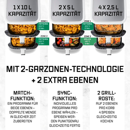 GOURMETmaxx FryUp vertikale Doppelkammer-Heissluftfritteuse 10L