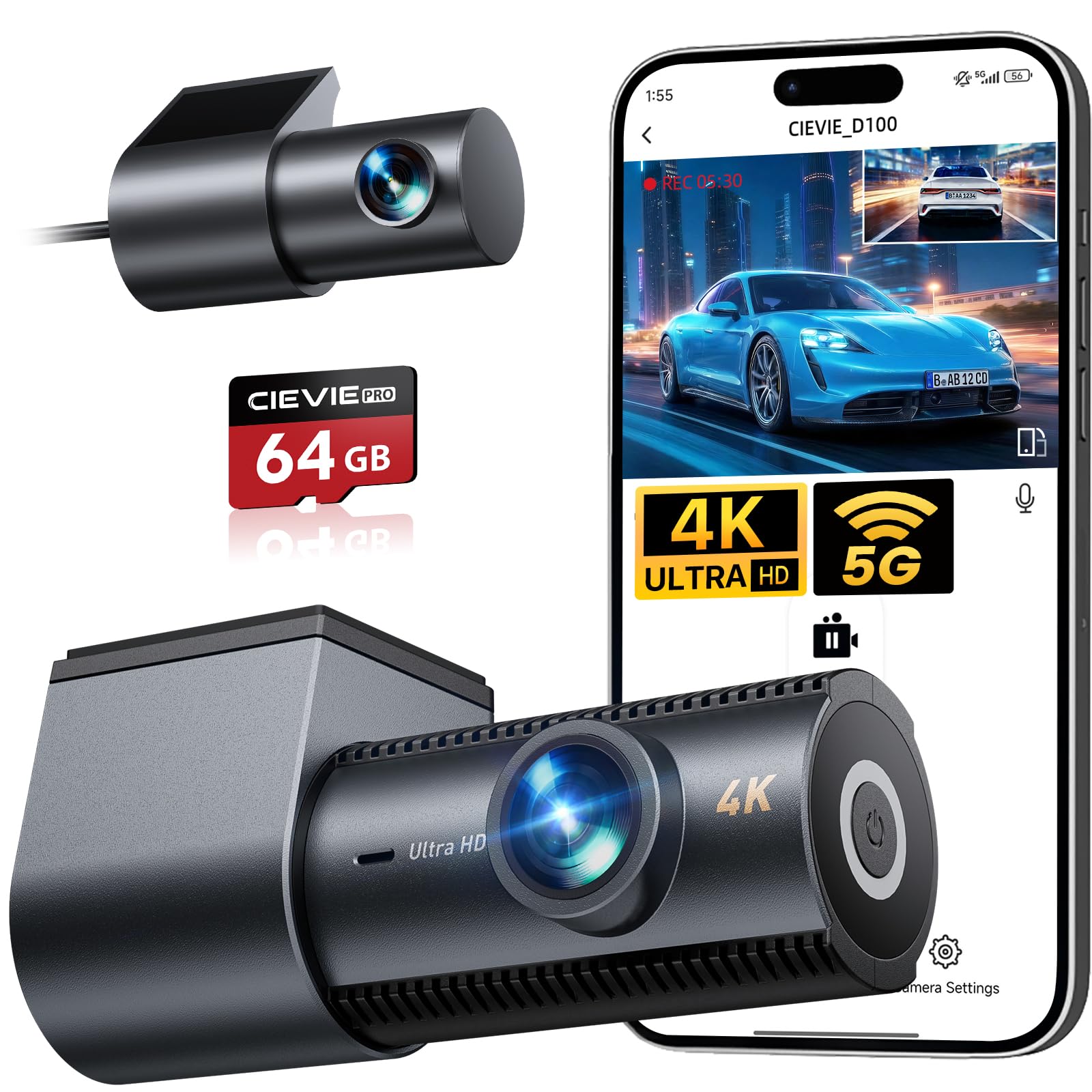 Cievie D100 Dashcam Auto, 4K + 1080P vorne/hinten, WLAN, Nachtsicht