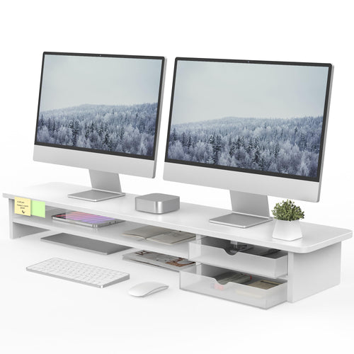 Fenge Dual Monitorständer Riser – 2 Schubladen 108cm Weiss. Weisse Plattform mit 2 Schubladen. Erhöht Monitore, schafft Ordnung.