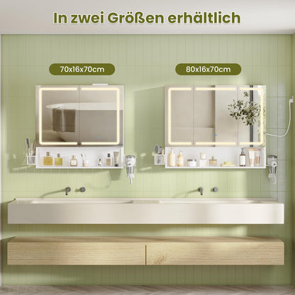 FORABAMB Spiegelschrank mit LED-Beleuchtung, 3 Türen, 80 cm, Weiss