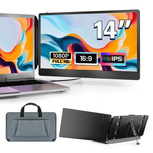 domyfan Portable Monitor 14" FHD - Dual Laptop Extender. 14 Zoll, schwarz. Erweitert Laptops um zwei zusätzliche Bildschirme.