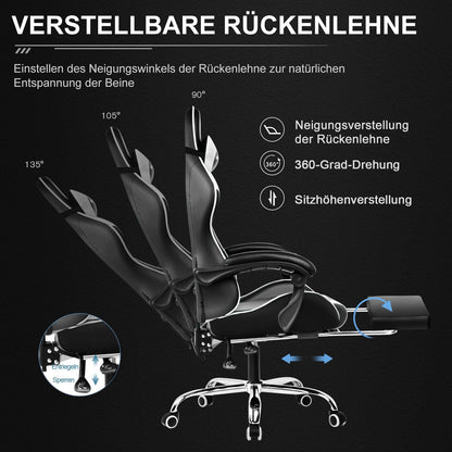 GTPLAYER Gaming & Bürostuhl ergonomisch mit Fussstütze - Weiss
