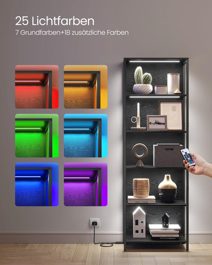 VASAGLE Bücherregal mit LED-Beleuchtung, 6 Ebenen, schwarz