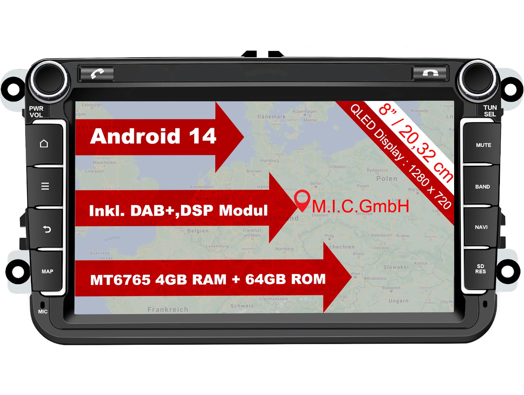 M.I.C. AV8V7-L2 Android Autoradio Navi 8" QLED - 4G+64G. Schwarzes, rechteckiges 8" QLED-Display für Navigation und Car-Multimedia.