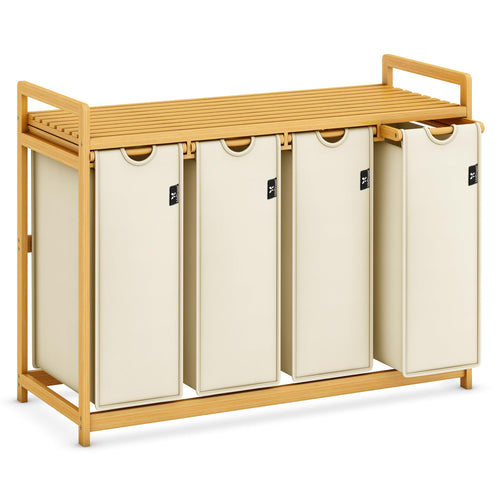 AdelDream Wäschekorb 200L mit 4 Fächern, Bambusrahmen, Beige – Wäschesammler mit ausziehbaren Wäschesäcken