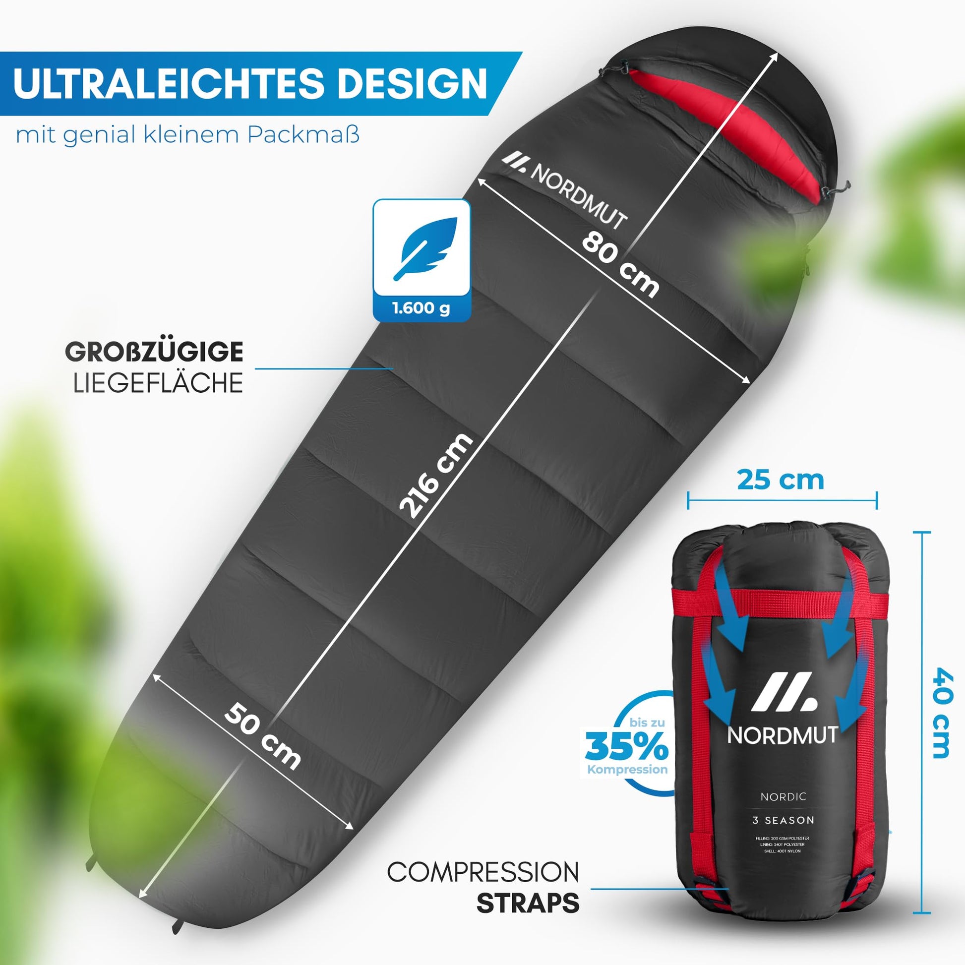 NORDMUT Mumienschlafsack – Ultraleicht, Kompakt & 3-Jahreszeiten –