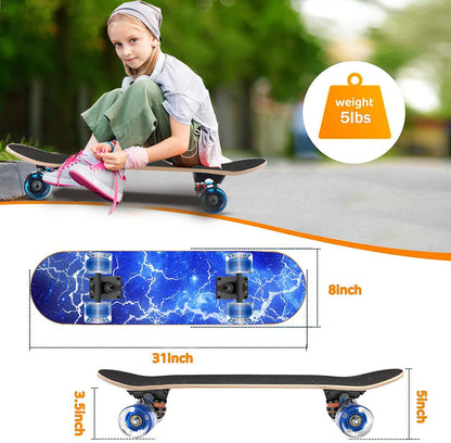 GIEEU Skateboard komplett, blinkende PU-Räder, 9-lagiges Ahorn-Deck