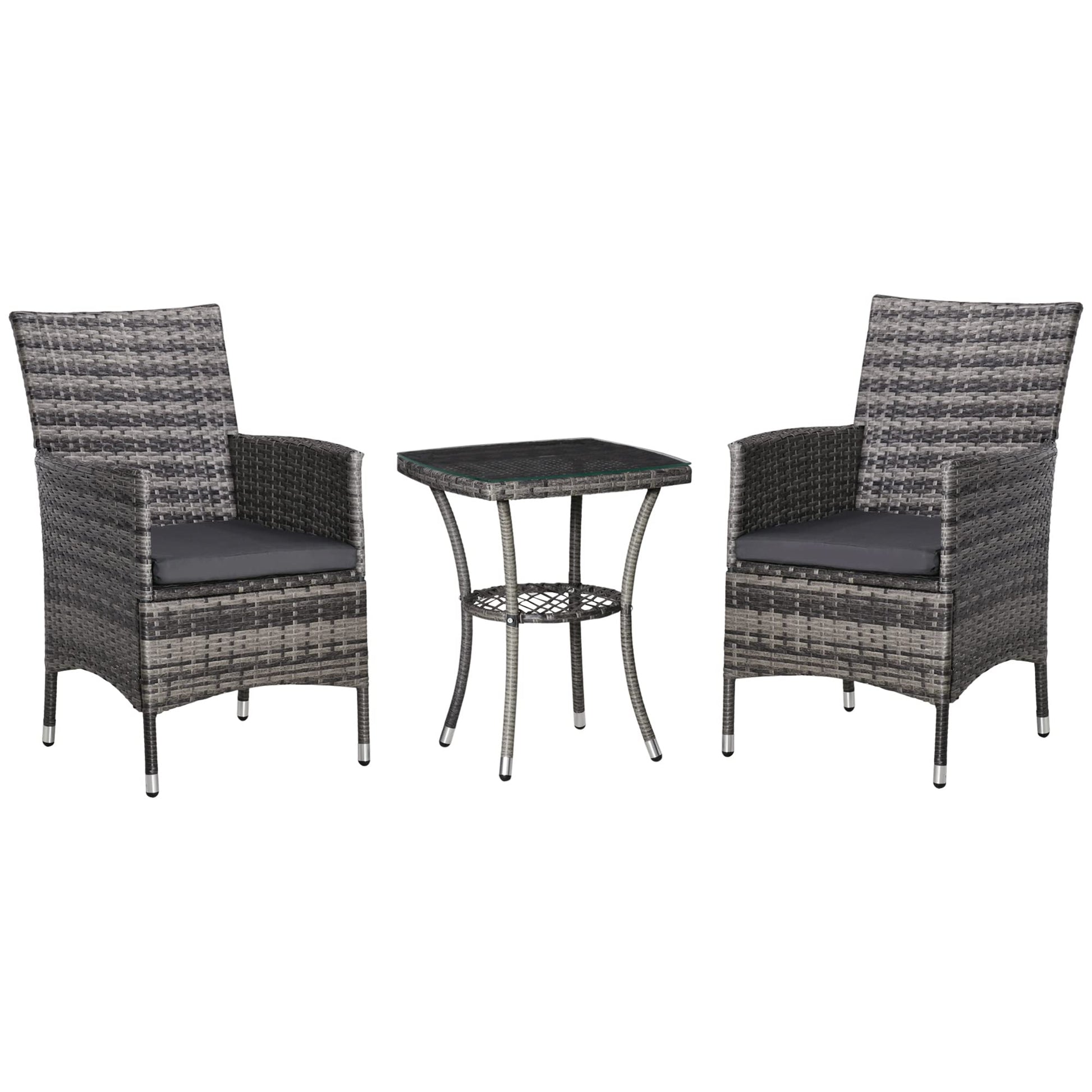 Outsunny Polyrattan Lounge Set – 2 Personen Dunkelgrau. Dunkelgraues Polyrattan-Set für 2 Personen, ideal für Entspannung im Außenbereich.