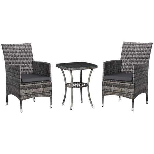 Outsunny Polyrattan Lounge Set – 2 Personen Dunkelgrau. Dunkelgraues Polyrattan-Set für 2 Personen, ideal für Entspannung im Außenbereich.