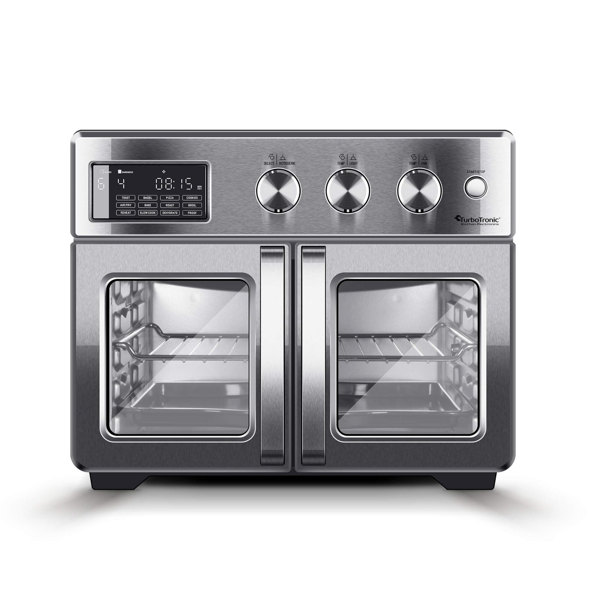 TurboTronic Mini Backofen 4in1 Heissluft – 32L Silber. Rechteckiger, silberner 32L-Ofen zur Speisenzubereitung mit Heissluft-, Back- und Grillfunktionen.