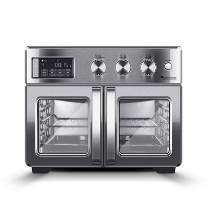 TurboTronic Mini Backofen 4in1 Heissluft – 32L Silber. Rechteckiger, silberner 32L-Ofen zur Speisenzubereitung mit Heissluft-, Back- und Grillfunktionen.