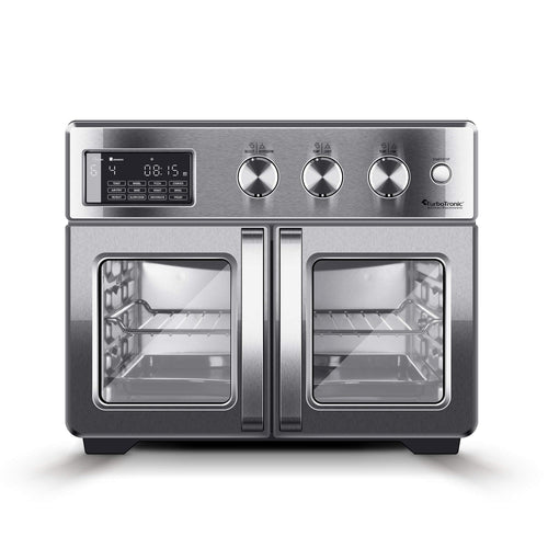 TurboTronic Mini Backofen 4in1 Heissluft – 32L Silber. Rechteckiger, silberner 32L-Ofen zur Speisenzubereitung mit Heissluft-, Back- und Grillfunktionen.