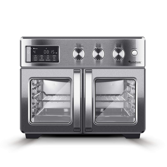 TurboTronic Mini Backofen 4in1 Heissluft – 32L Silber. Rechteckiger, silberner 32L-Ofen zur Speisenzubereitung mit Heissluft-, Back- und Grillfunktionen.