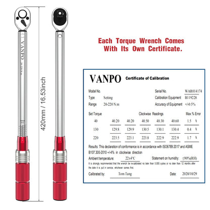 VANPO Drehmomentschlüssel 1/2 Zoll, 20-220 Nm, 8-teiliges Set